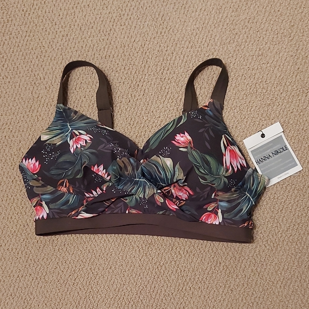 Floral Bikini Top - Khaki Green, Brown and Pink